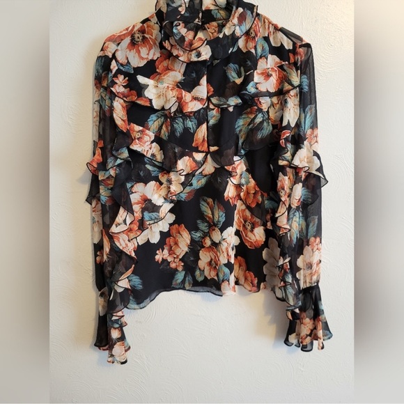 Nicholas Keyhole Silk Long Sleeve Floral Ruffled Blouse - Picture 3 of 6